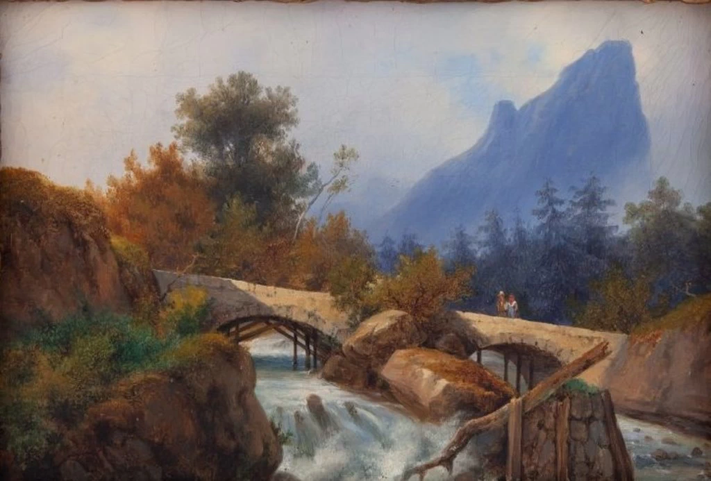   107-Giovanni Renica-Paesaggio montano con ruscello e ponte